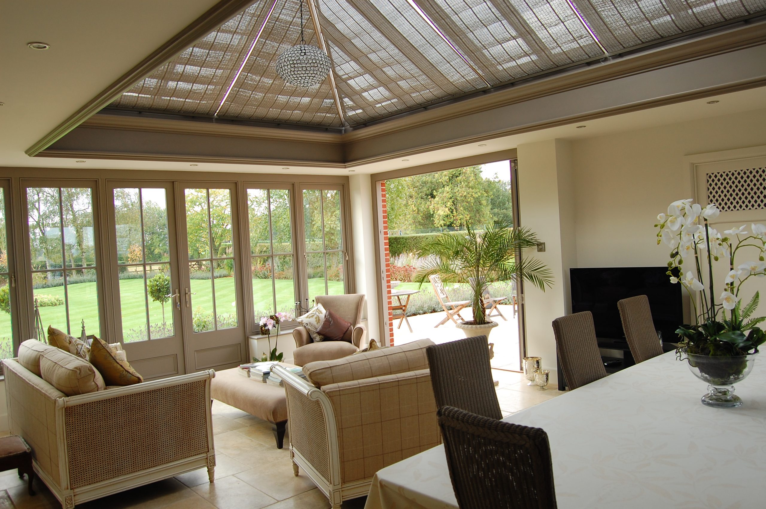 Original French Pinoleum Roof blinds in a Vale Garden Room