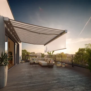 Striped awning with valance fabric on a balcony